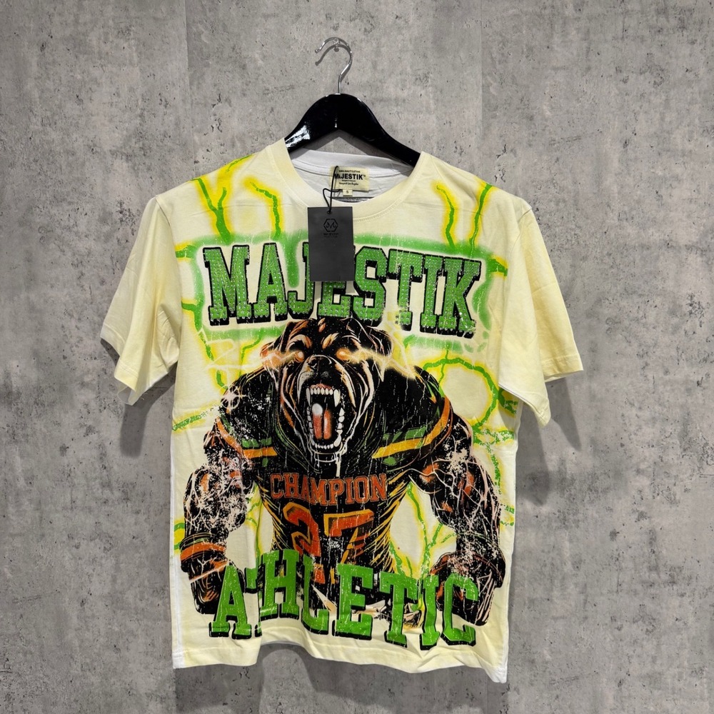 Majestik Athletic Champion Graphic T-Shirt Yellow Fearless Bulldog Rhinestone S